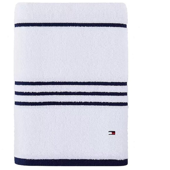 2 new Tommy Hilfiger American 90% Cotton BATH Towels = WHITE with BLACK STRIPES - Picture 4 of 7